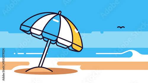 A minimalist illustration of a beach scene with a blue and yellow striped umbrella on the sand by the ocean under a clear sky.