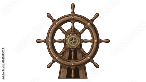 A classic wooden ship's wheel with eight spokes and a central compass rose, mounted on a dark stand, isolated on a white background.