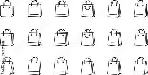 Collection of black and white line art shopping bag icons on white background paper bag gift bag