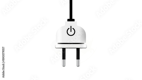 A white electrical plug with a power symbol on its top, connected to a black cable, against a white background.