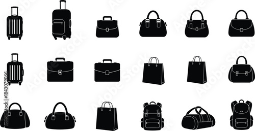 Collection of black silhouette luggage and bags on white background suitcase briefcase