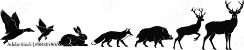 Animal silhouette, wildlife lineup, forest creatures, flying bird, rabbit, fox, deer, black vector, nature illustration, woodland fauna, minimalist design