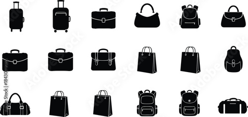 Collection of black silhouette luggage bags and backpacks on white background suitcase handbag