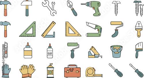 Collection of colorful flat design tools and hardware icons hammer