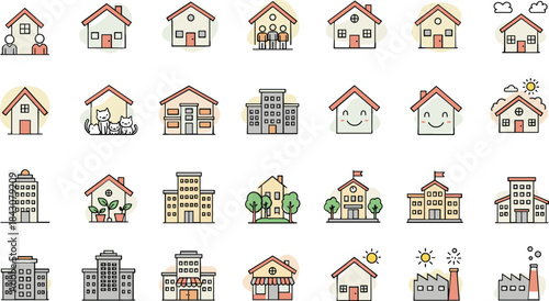 Collection of simple flat icons depicting houses buildings and factories house icon building icon