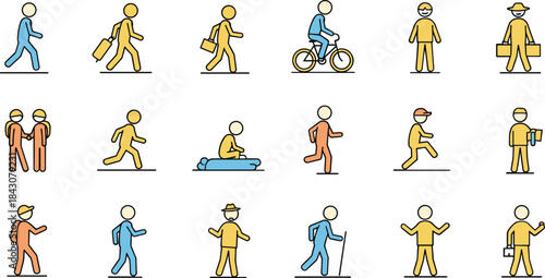 Collection of stylized figures walking cycling running and carrying bags woman person