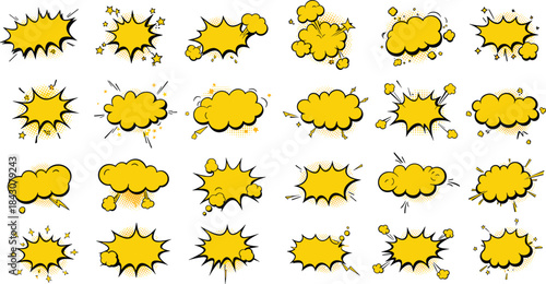 Collection of Yellow Comic Book Speech Bubbles and Explosions black outline