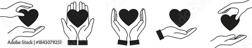 Five black heart icons held by line art hands on white background love care