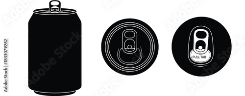 Beverage can illustration, pull tab design, aluminum drink container, top view, side view, black and white vector artwork