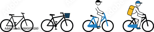 Four bicycles with riders and accessories in simple graphic style bike cycling