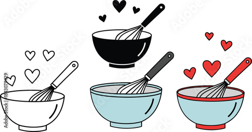 Three mixing bowls with whisks and hearts in black blue and red baking cooking