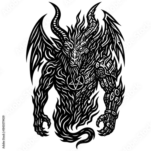 Mechanical Baphomet Cyborg Vector, Robot Satanic Demon with Pentagram and Horns for Sci-Fi Horror Design
