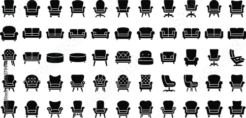 Chair sofa silhouette set, furniture vector icons, seating design collection, black graphic shapes, interior decor clipart, editable illustration pack