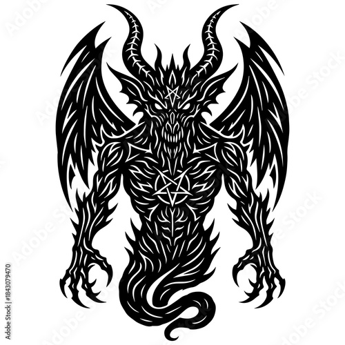 Baphomet Demon Silhouette Vector Illustration, Occult Satanic Ritual Monster for Metal Band Merchandise