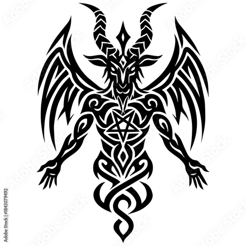 Baphomet Demon Silhouette Vector Illustration, Occult Satanic Ritual Monster for Metal Band Merchandise