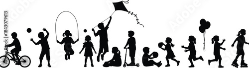 Children silhouette, outdoor play, physical activity, scooter, bicycle, kite flying, running, jumping rope, black vector, childhood fun, minimalist design