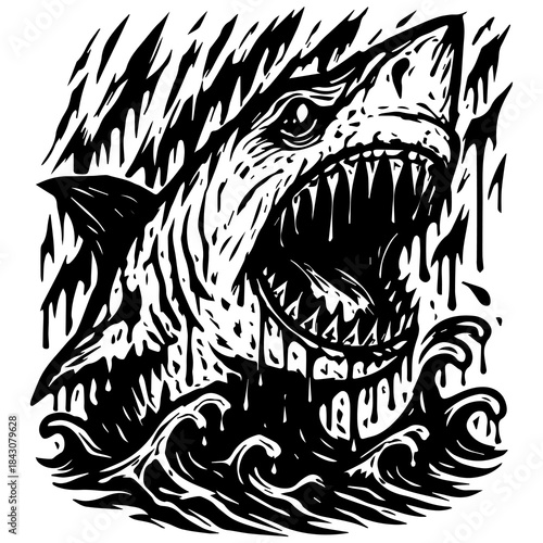 Powerful Shark Predator Black and White Vector Illustration