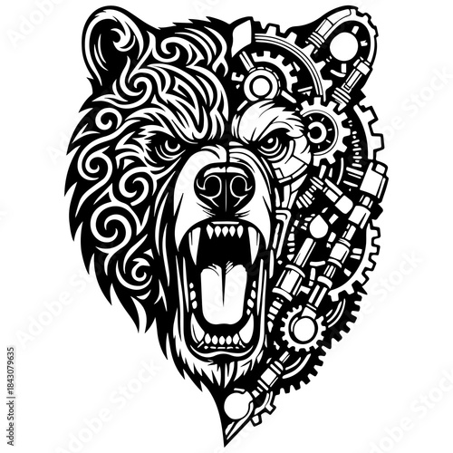 Roaring Cybernetic Bear Illustration in Black and White Mechanical Style