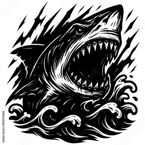 Powerful Shark Predator Black and White Vector Illustration