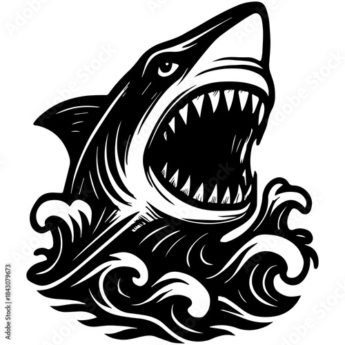 Powerful Shark Predator Black and White Vector Illustration