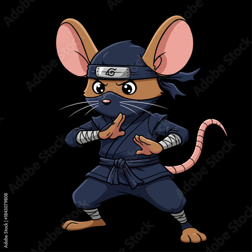 a determined cartoon ninja mouse in a blue gi striking a martial arts pose on a black background ideal for kids gaming design.