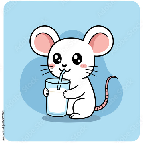 a cute white mouse drinking milk with a straw from a glass on a blue background sweet vector illustration for children.