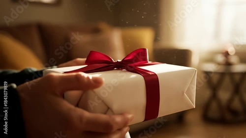 Close up of hands untying a red ribbon on a white gift box with dust particles floating in warm sunlight