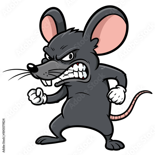 a furious cartoon rat mascot clenching its fists and baring sharp teeth embodying intense anger and aggressive determination.