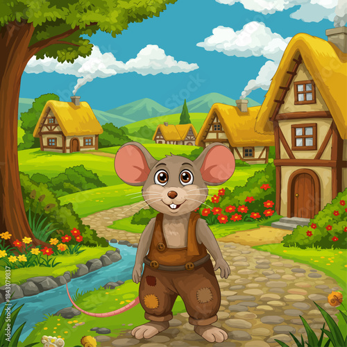 a friendly cartoon mouse character wearing overalls standing on a stone path in an idyllic storybook village illustration.