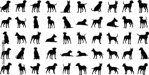 Dog silhouette grid, black icons, breed variety, pet poses, vector illustration, animal shapes, graphic design, dark background, canine collection, posture