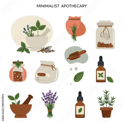 minimalist apothecary herb collection with mortar jars dropper bottles and lavender illustrations for natural medicine and organic wellness branding