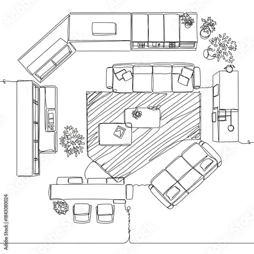 modern living room floor plan sketch top view interior layout with sofa rug and furniture arrangement ideal for home design projects