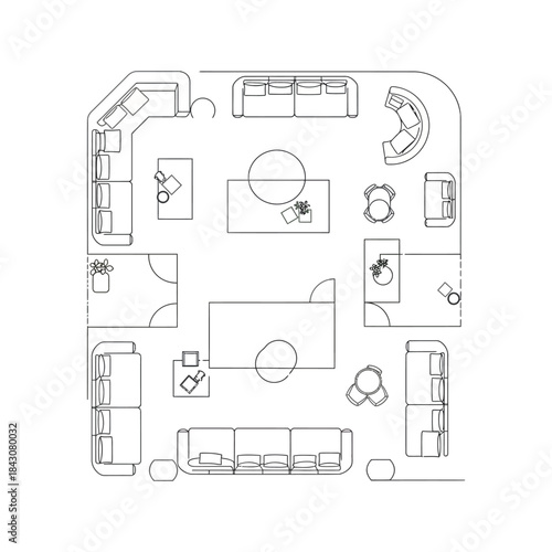modern living room furniture layout floor plan top view line drawing of sectional sofas and coffee tables for interior design projects
