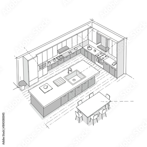 modern modular kitchen floor plan with island and dining table in isometric line drawing ideal for interior design and renovation guides