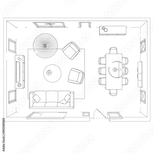modern open plan living room and dining room floor plan with furniture layout overhead architectural blueprint for interior design projects