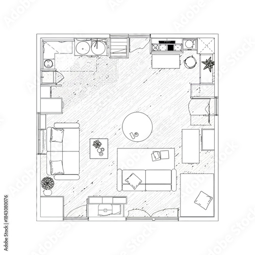 modern open plan studio apartment floor plan with living room kitchen and bathroom layout architectural blueprint for interior design