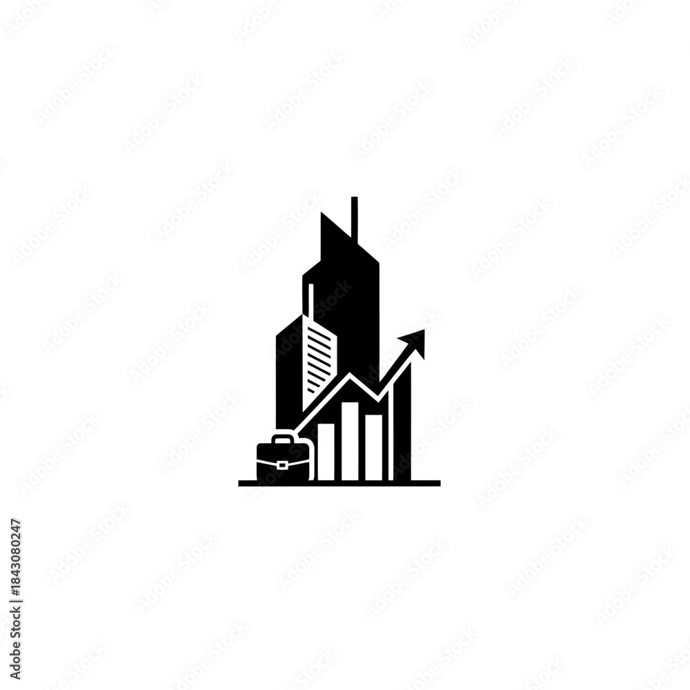 Obraz premium Black and white icon representing business growth, finance, and corporate success with city buildings, a briefcase, and an upward trend chart.