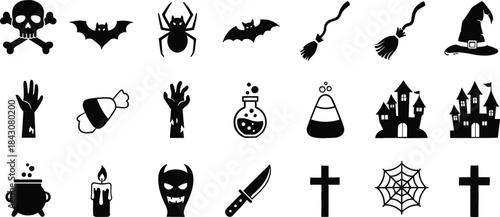Black Halloween Icons Skull Bat Spider Candy Castle Witch Hat Potion Cross crossbones