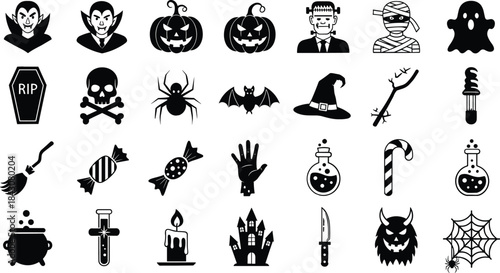 Black Halloween Icons Vampire Pumpkin Skull Ghost Witch Hat Candy Cauldron white