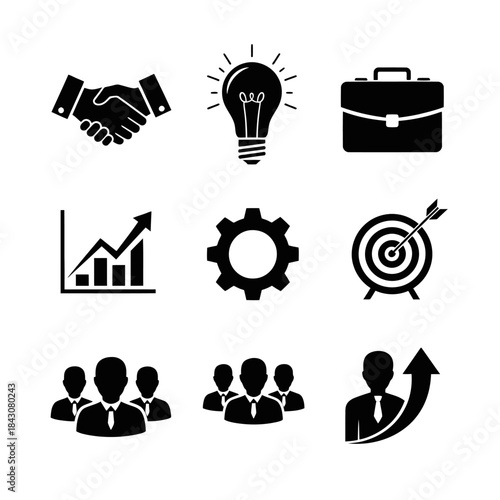 A collection of nine black and white business icons representing concepts like partnership, ideas, work, growth, process, goals, teamwork, and individual success.