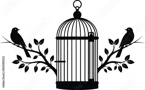 Black silhouette of a birdcage with birds on branches and leaves white