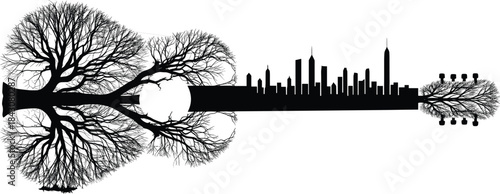Black silhouette of a guitar formed from bare tree branches and a city skyline vector