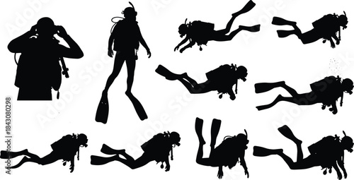 Vector set of scuba diver silhouettes in underwater poses showing gear, movement, exploration, adventure, and aquatic activity