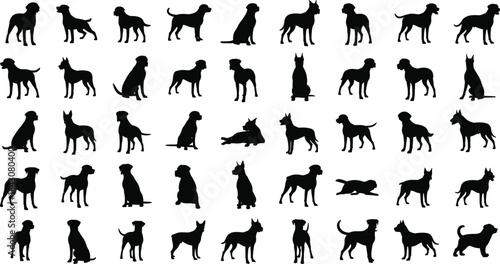 Dog silhouette grid, pet poses, breed variety, black icons, vector illustration, animal stance, canine shapes, graphic design, dark background, collection