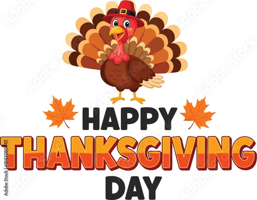 Cartoon turkey happy thanksgiving day festive autumn leaves celebration greeting vector