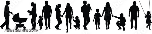 Family silhouette, parenting moments, child interaction, stroller, swing, bonding, black vector, minimalist design, caregiver roles, emotional connection, growth stages