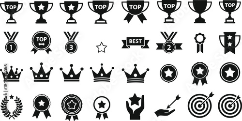 Collection of black award trophies medals crowns ribbons stars and targets trophy