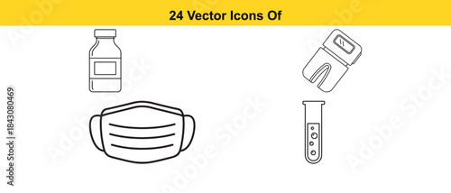 Collection of line art icons mask sanitizer test tube and bottle