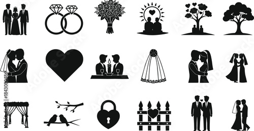 Collection of black wedding and love related icons and silhouettes couple marriage