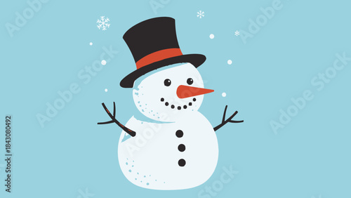 A cheerful cartoon snowman wearing a black top hat and red band, standing against a light blue background with falling snowflakes, featuring coal eyes, a carrot nose, and stick arms.